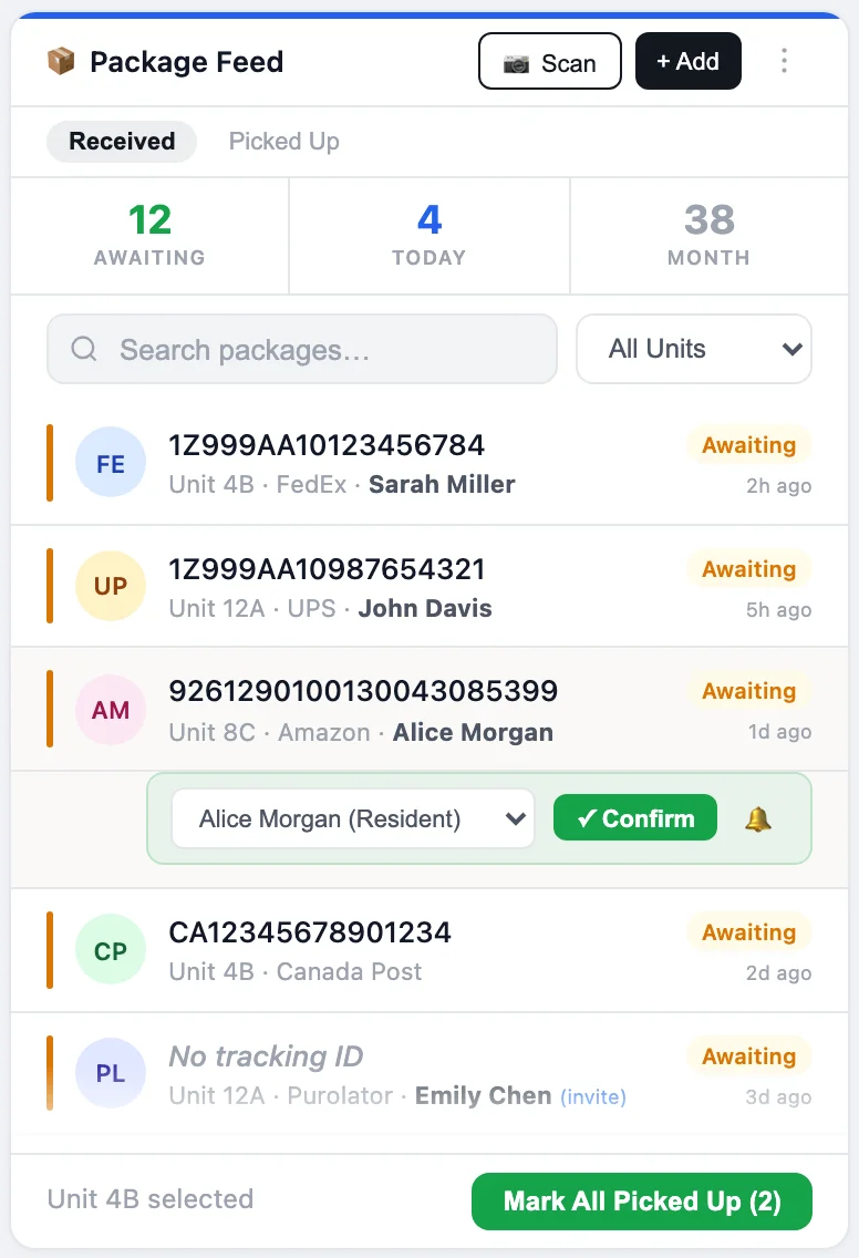 Package feed with awaiting deliveries, resident confirmation, and a bulk pickup action