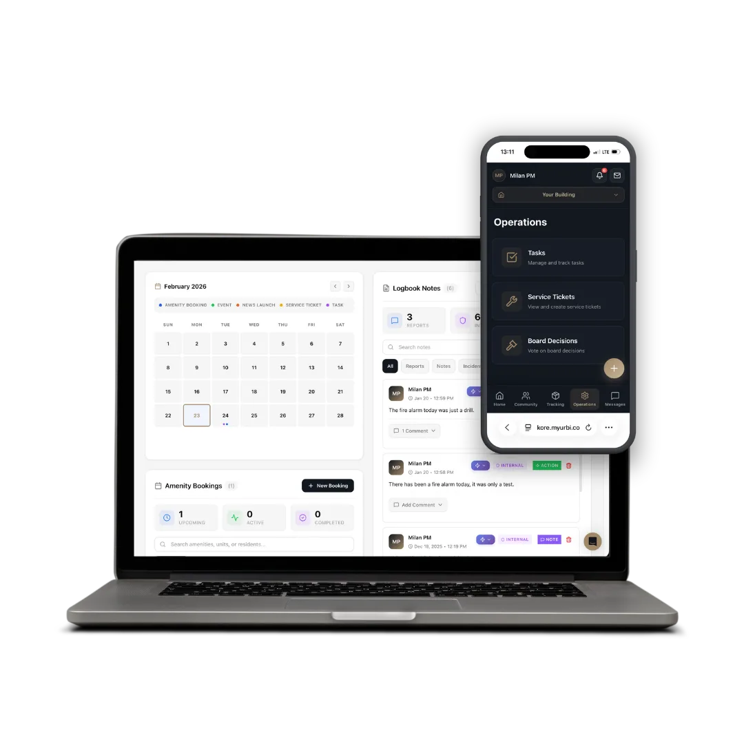 URBI Kore dashboard showing calendar, logbook notes, and mobile operations view